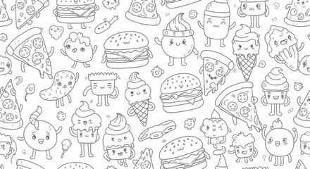 Cartoon food pattern featuring cute, smiling burgers, pizza slices, ice cream cones, and other snacks on a white background.