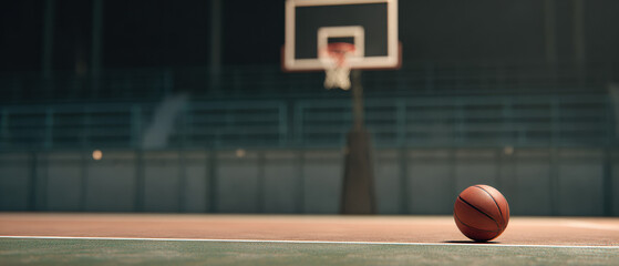 A basketball lying on an empty indoor court, with the hoop blurred in the background, capturing the calm before the game.