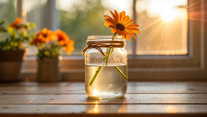 A vibrant orange flower sits in a clear glass mason jar filled with water, positioned on a light wooden surface in front of a window.