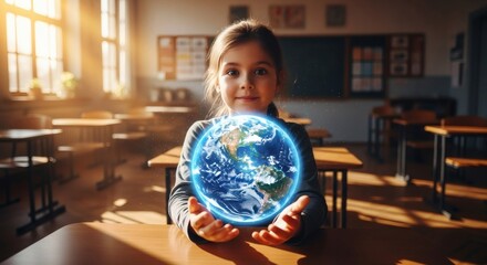 Young student holding a glowing Earth globe, symbolizing future, education, and global awareness in a sunlit classroom.