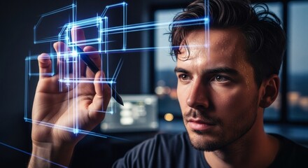 Architect drawing blueprints in futuristic office. Visualization of modern building technology with digital pen. Creative, professional atmosphere.