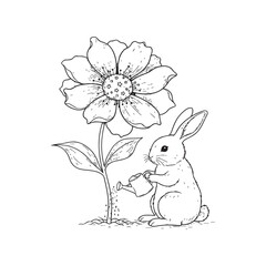 Cute cartoon rabbit watering a large beautiful flower.