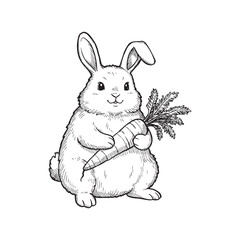 Cute handdrawn rabbit holding a large carrot.