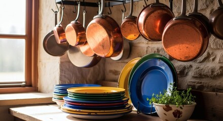 Warm kitchen scene with copper pots hanging above colorful stacked plates and a bowl of herbs near a sunlit window.