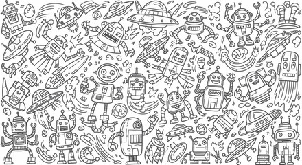 Fototapeta premium Doodle-style illustration featuring robots, aliens, spaceships, and celestial bodies in a playful, monochrome composition.