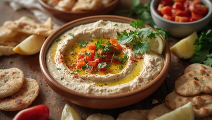 Naklejka premium Creamy Hummus Beiruti with pita bread, lemon wedges, and vegetables