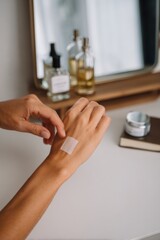 Skincare ritual with healing bandage on hand in a modern bathroom setting