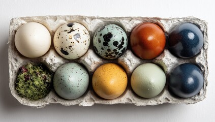 Colorful Easter eggs in a cardboard carton