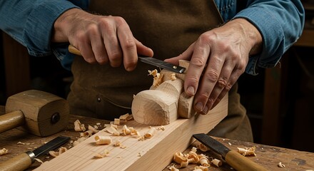 Closeup of a craftsman meticulously carving wood with a sharp chisel