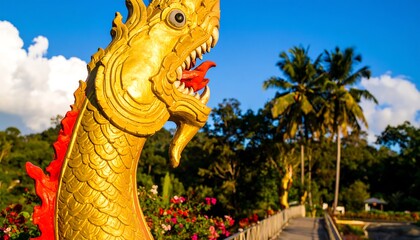 Ornate golden dragon statue head, vibrant colors, and lush tropical setting.