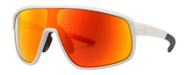 Cycling glasses in a white frame with orange mirrored lenses and adjustable nose bridge
