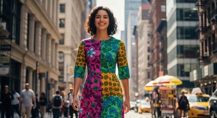 Stylish woman smiles, strolling a city street in a colorful patchwork dress. Buildings and people blur in the background. Summer vibes.