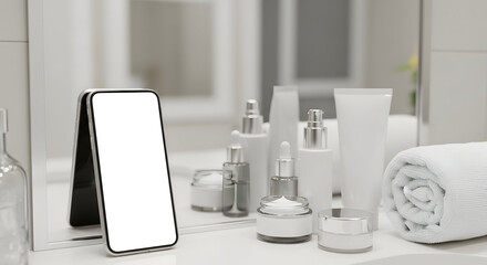 Modern bathroom luxury skincare products phone mockup minimalist design clean aesthetic beauty wellness selfcare routine mobile app presentation template