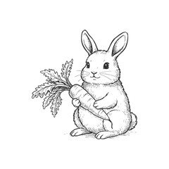 Handdrawn sketch of a cute rabbit holding a carrot.
