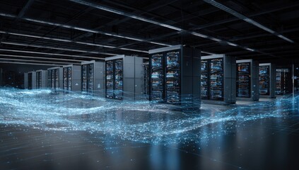 Futuristic server room with digital data overlay
