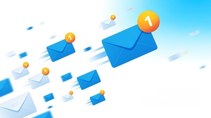 Multiple blue email envelopes with notification icons flying in a dynamic motion against a bright blue and white background