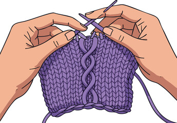Hands knitting purple yarn with cable stitch pattern close-up vector illustration 