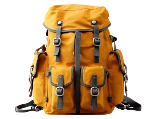 Vintage yellow canvas backpack with leather straps and buckles isolated on transparent background