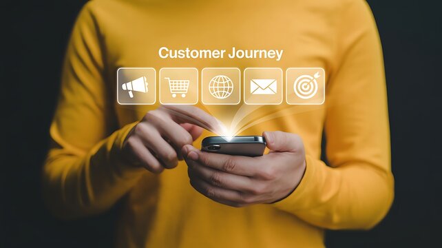 Customer journey mapping with icons representing different stages of the process on a mobile device