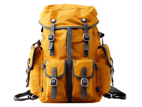 Vintage yellow canvas backpack with leather straps and buckles isolated on transparent background