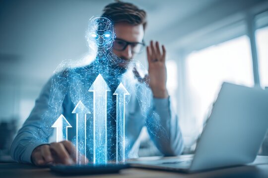 Businessman using calculator, holographic arrows