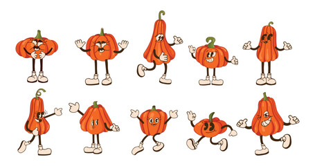 Cute pumpkin characters. Pumpkin men. Autumn pumpkins set isolated on white background. Pictures for autumn advertising. Vector illustration.