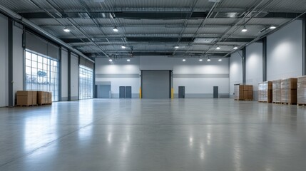 Fototapeta premium Spacious Modern Warehouse Interior with Industrial Lighting and Storage
