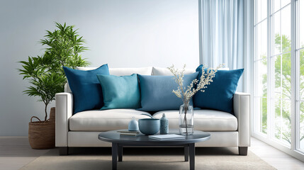 Calm White and Blue Living Room with Soft Sunlight