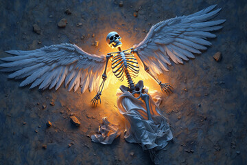 A captivating image of a skeleton with angel wings, lying on a textured, rocky surface.