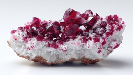 Close-up of a cluster of vibrant red crystals on a white mineral matrix