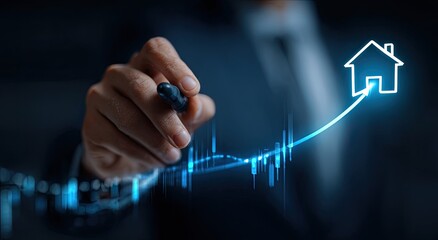 Hand drawing a home icon on a rising graph