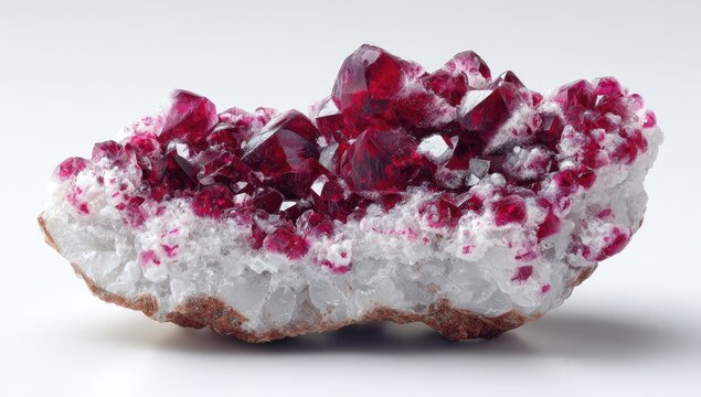 Close-up of a cluster of vibrant red crystals on a white mineral matrix