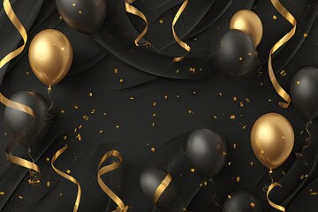 Black and gold celebration, with balloons and ribbons