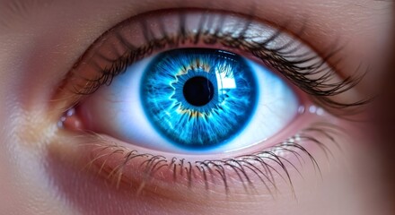 Macro photograph of a stunning, vivid blue human eye with intricate details in the iris, surrounded by dark eyelashes.