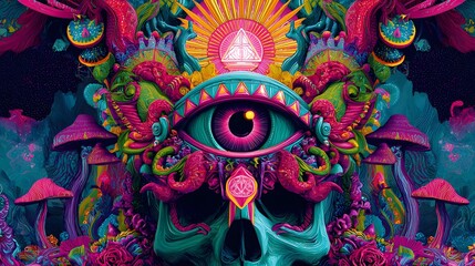 Psychedelisches Totenkopf-Design mit Auge und leuchtenden Symbolen

