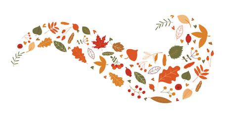 Bright autumn leaves in a gust of wind and an inscription. Autumn illustration. Autumn lettering. Different leaves. Vector illustration.