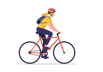 Woman with Backpack Riding a Red Bicycle.