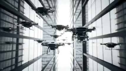 Drones flying through warehouse corridor,  bright light at end, storage shelves background, futuristic logistics - Powered by Adobe