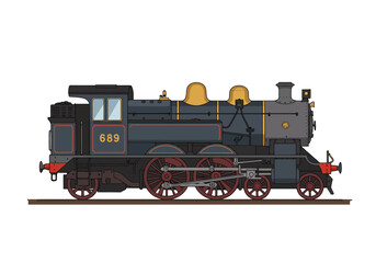 Vintage Steam Locomotive Number 689 Detailed Side View Illustration. © dhorido studio