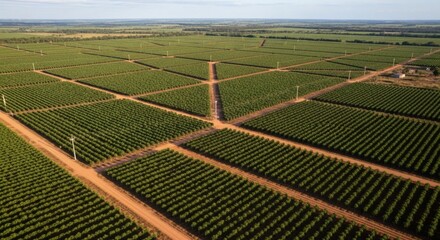 Aerial view showcases a well-organized agricultural landscape, with geometric precision & expansive green fields punctuated by pathways.