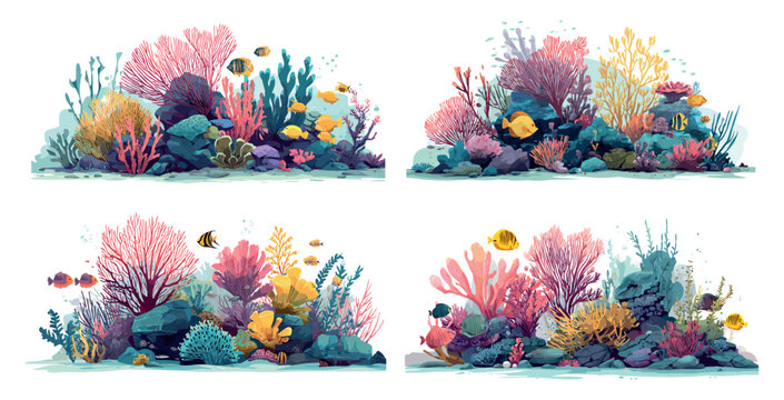 Cartoon ocean reefs. Sea reef corals border set, marine plants with tropical fish underwater seaweed aquarium weed algae undersea flowers water botany nature vector illustration