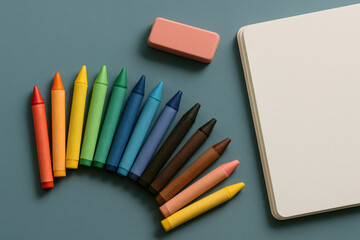 Colorful wax crayons and blank sketchbook on blue background with pink eraser arranged for creative art and drawing inspiration
