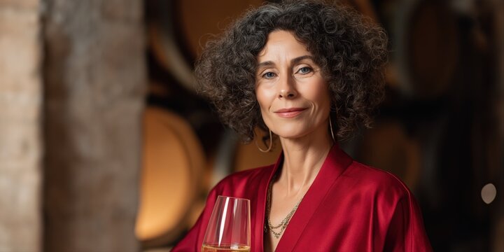 Mature caucasian woman enjoying wine in cellar with barrels in background - Powered by Adobe