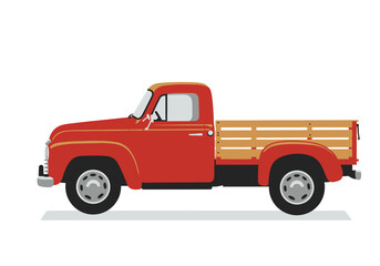 Classic Red Pickup Truck with Wooden Bed.