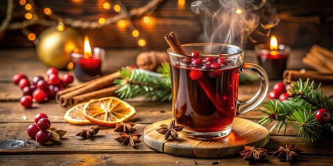 Fototapeta premium Aromatic Festive Beverage with Spiced Cranberries and Cinnamon Stick in a Glass Mug, Surrounded by Warm Lighting and Festive Accents on Rustic Wooden Surface