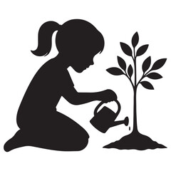 Silhouette of Child Nurturing Plant Vector Icon