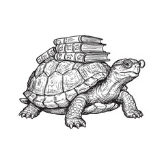Wise old turtle with glasses carrying a stack of books on its shell.