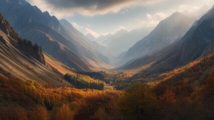 Autumnal Mountain Valley: Golden Hues and Misty Peaks