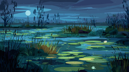 Night marsh. Swamp cartoon background, dark wetland landscape bog jungle pond with green lilies water lake moon forest halloween sumer morass 2d game scene vector illustration