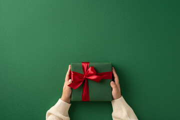 A pair of hands holding a green gift box tied with a red ribbon against a green surface, perfect for festive holiday or Christmas gift and celebration themes